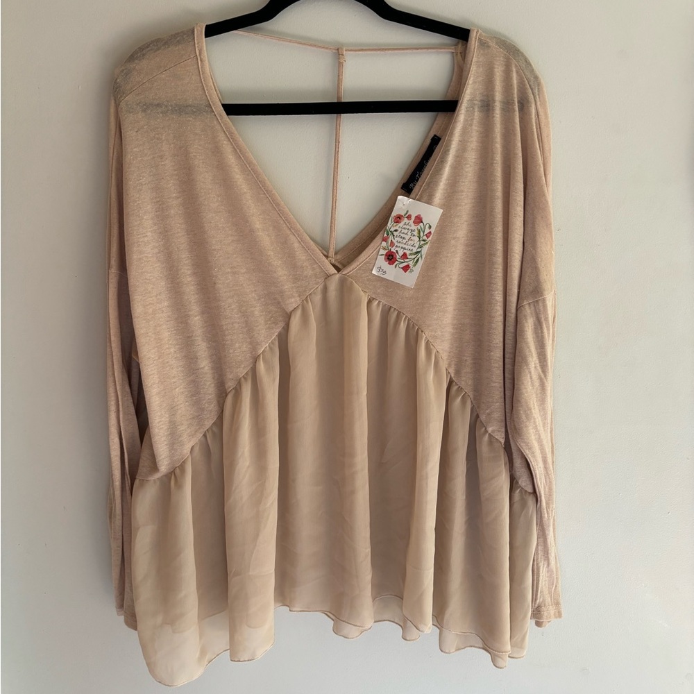 By Together Tan Asymmetrical Blouse with Relaxed Sleeves
